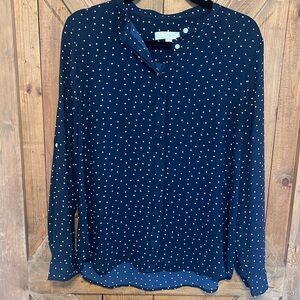 Loft Navy and White Poke a Dot Button Up Blouse. Medium